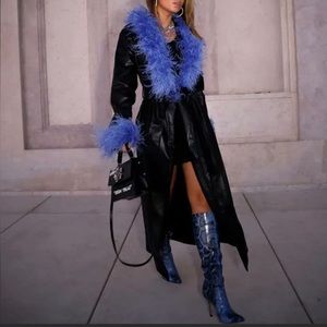 House of CB Calista Black Vegan Leather Belted Feather Trim Maxi Coat